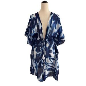Debbie Katz South Beach Cover Up Women Small Blue White Tie Closure Tassels Swim
